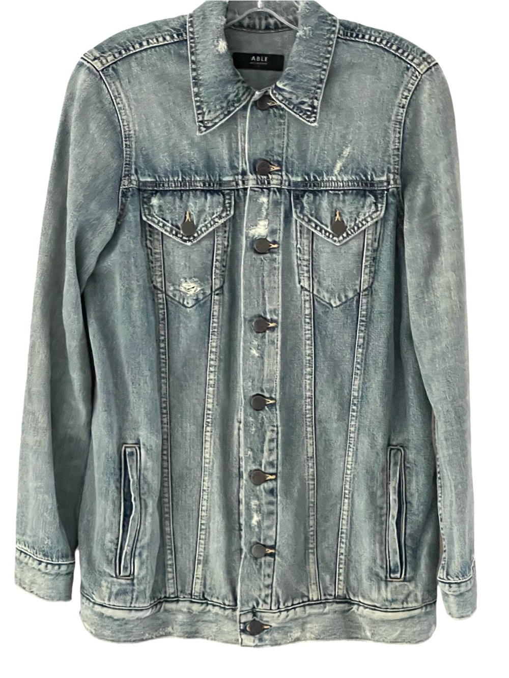 Able The Merly Jean Jacket Distressed Light Wash Denim Women's Small
